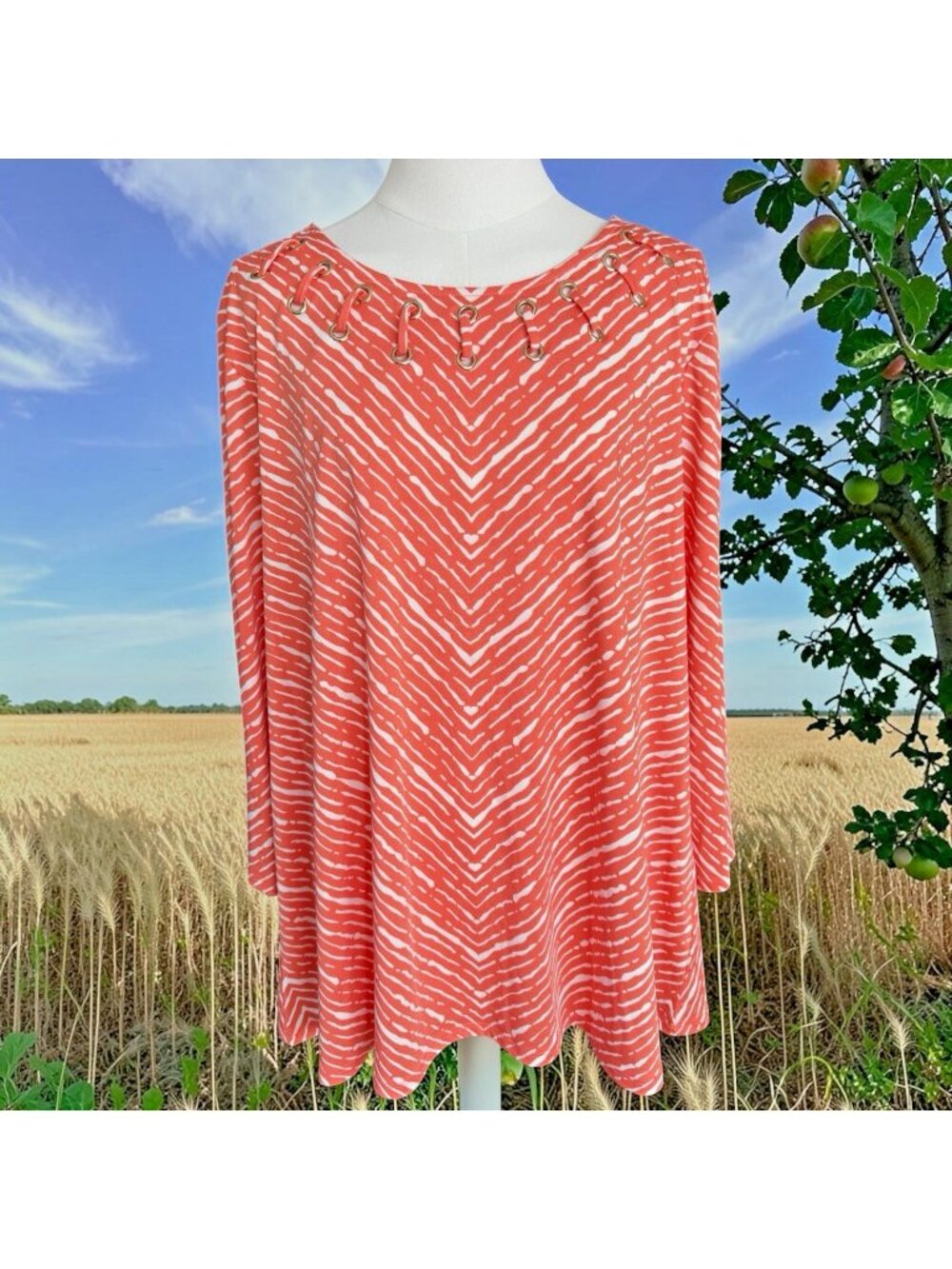 New Directions Coral/White 3/4 Sleeve Top With Grommet Detail-Size XL